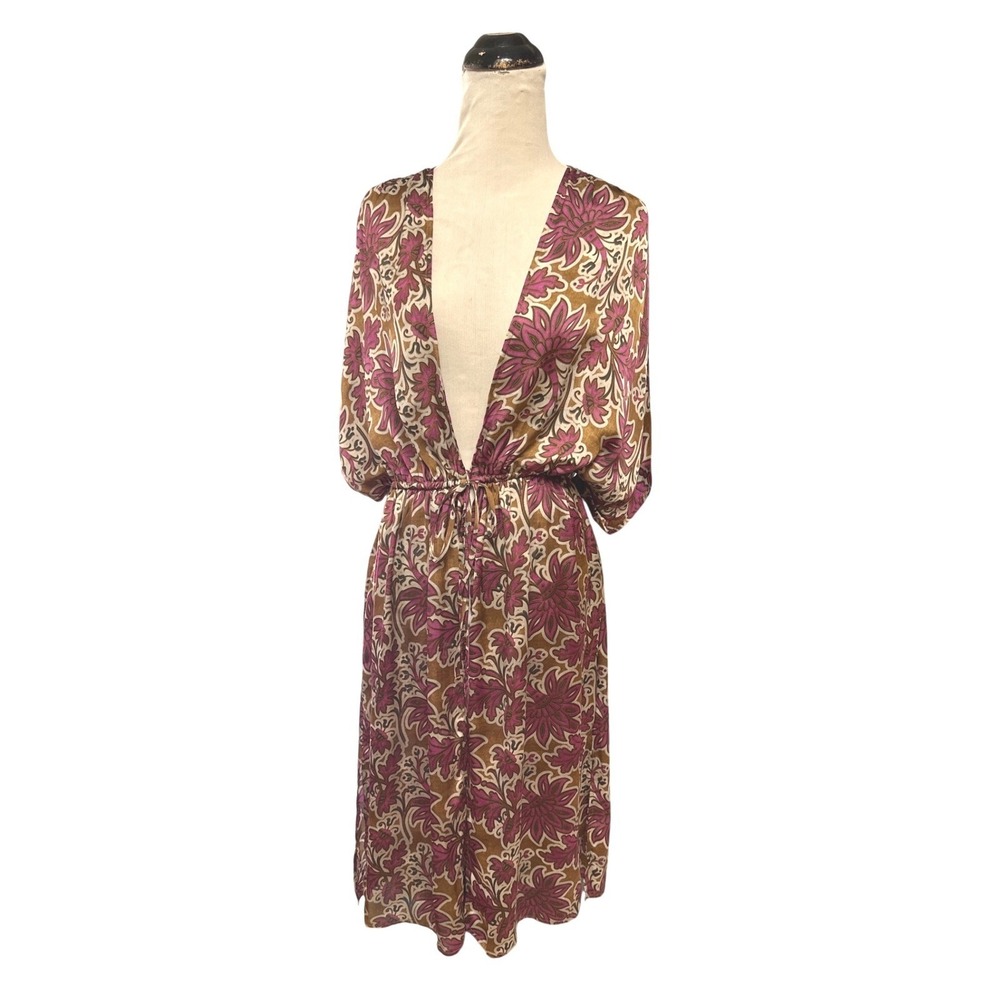 Evereve Floral Kimono Midi Dress Boho Resort Duster Cover Up Brown Pink XS/S